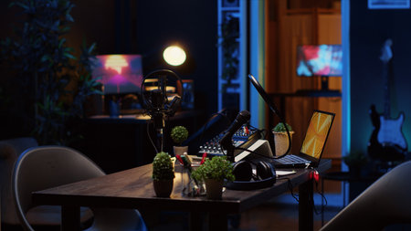 Panning shot of empty personal studio with high tech microphone, audio mixer and headphones used to record podcast. Livestreaming professional gear and 3D renders running on monitorsの写真素材