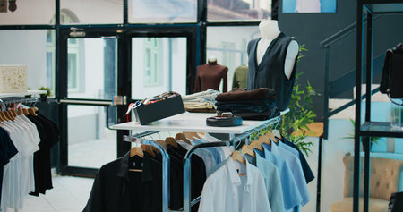 Interior of fashionable boutique with new collection on hangers, stylish formal wear and designer bags. Empty clothing store showroom with trendy shoes, commercial activity.の写真素材