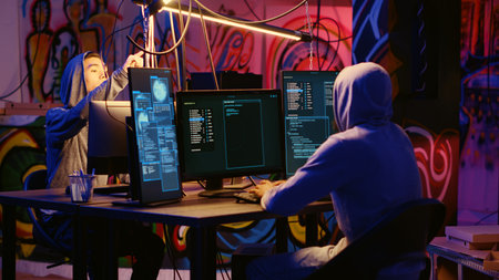 Hackers using network vulnerabilities to exploit servers, doing coordinated cyber attacks, trying to break computer systems at night. Cybercriminals work together on breaching networksの写真素材