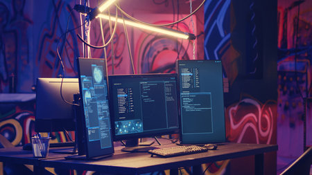 Computer screens with hacking script running in hidden underground HQ. PC monitors in neon lit empty warehouse used by hackers to escape from being arrested by law enforcementの写真素材