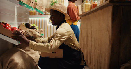 Local farmer placing crates with homegrown produce on shelves, working on fruits and vegetables restock for customers. Merchant carrying boxes of organic freshly harvested goods. Camera 2.の写真素材