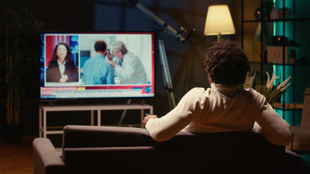Man watching TV late at night, informing himself on latest news by watching reporter cover different subjects. Person relaxing by looking at smart TV in dimly lit apartmentの写真素材
