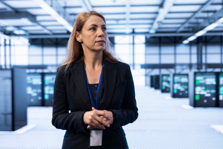 IT staff member walking between server rows in data center, doing yearly infrastructure inspection. Woman in high tech server room facility monitoring supercomputers equipmentの写真素材