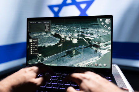 Agent using notebook, operating air defense system tracking incoming missiles threatening country....