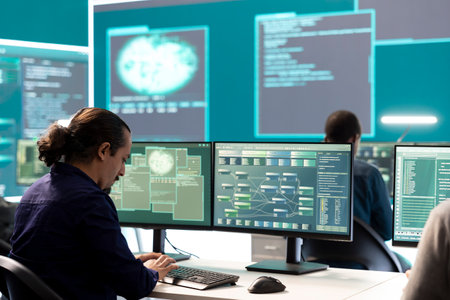 Professional IT expert working in a governmental security operations center, analyzing data on a big...