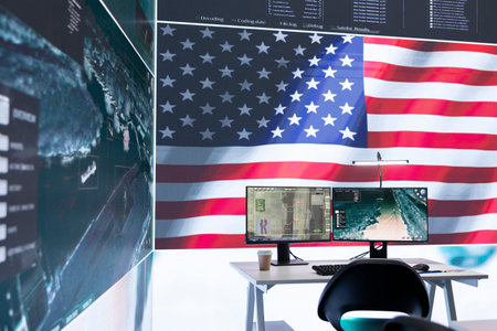 Empty army command center with big data presents the American flag, top secret armed forces agency...