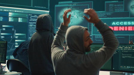 Disappointed team failing to access database and servers in high tech office, work with big screen. Frustrated experts. Camera A.の写真素材