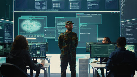 Government military hackers engaged in hybrid warfare strategies. Using sophisticated software and technology to secure information, prevent breaches and protect military operations. Camera B.の写真素材