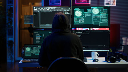 Hacker arriving in hidden underground shelter with laptop, prepared to launch malware attack on...
