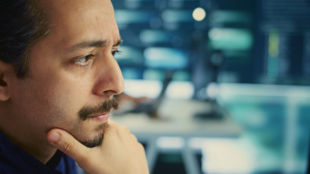 Cyber intelligence team using advanced technology to secure computer networks, governmental espionage system. Emphasizing cyber security and threat detection to combat cyberterrorism. Camera B.の写真素材