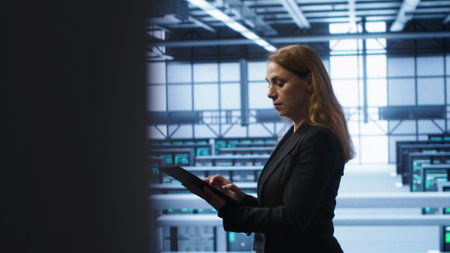 Computer scientist doing checkup, inputting data on tablet of needed fixes in server hub. Woman working in data center housing advanced data storage infrastructure supporting IT workloads, camera Aの写真素材