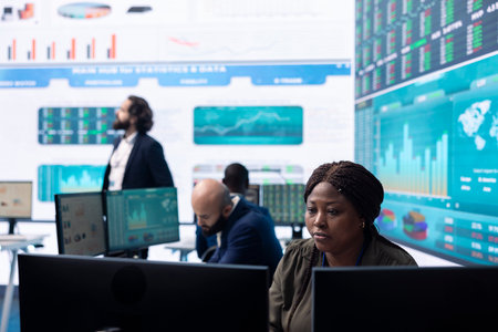 General director employing big data to help in solving tasks in control room, operating on huge...