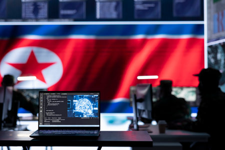 Military personnel working in a command post with a North Korea flag on big screen, monitoring activity via gps and world map. Soldiers developing warfare tactics.の写真素材