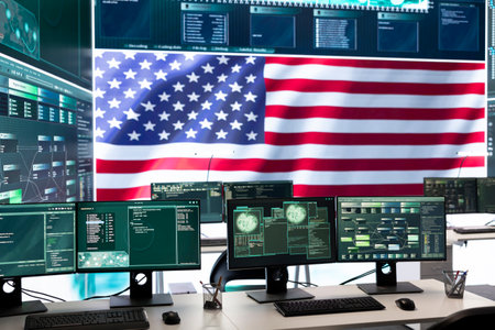 Empty governmental surveillance room shows an American flag, cybersecurity and data protection. High tech operations center focusing on threat and malware detection, security protocols.の写真素材