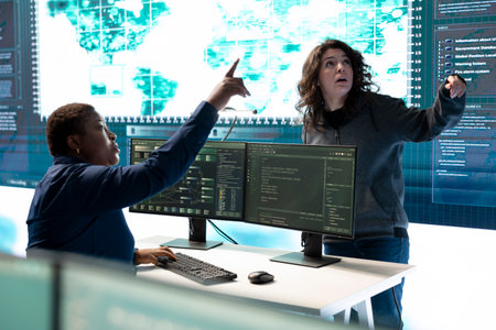 Governmental agency team conducting cyber security monitoring and threat detection tactics. IT...