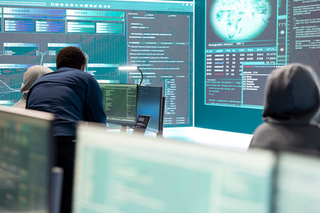 Cyber intelligence specialist examines data on big screen in a governmental agency, focusing on cyber defense and protection against cyber attacks. Private information in hybrid war.の写真素材