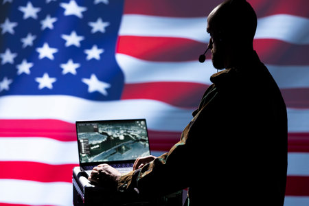 American NATO operative uses laptop to analyze surveillance data, standing isolated over USA flag background. Soldier engaged in geopolitical operation, protecting United States bordersの写真素材