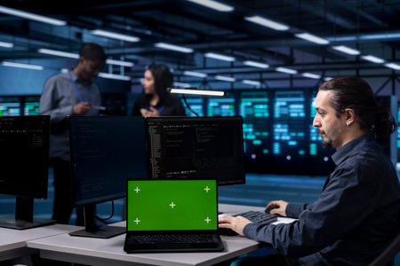 Technician in server hub using green screen tablet to repair equipment storing datasets. IT specialist using mockup device to do debugging on rigs doing computational operationsの写真素材