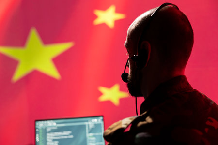 Military dispatcher in control center relays information from army intelligence analysts to troops on front lines. Radio communications operator in camouflage uniform talking in headset micの写真素材