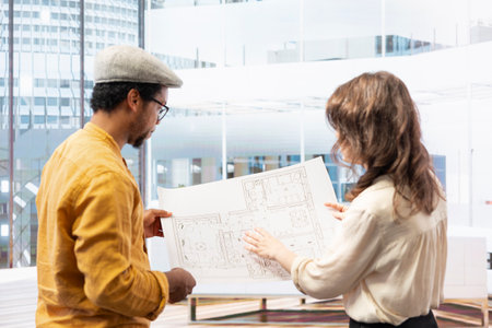 Professional team on an office tour with a real estate agent, focusing on modern property layout and...