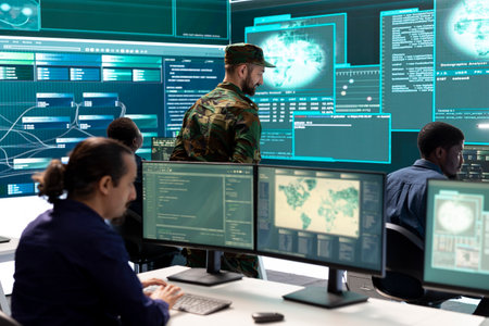 Military IT experts working on cyber security in a high tech government office. Focusing their duty on network protection, encryption and safeguarding state secrets from digital mercenaries.の写真素材