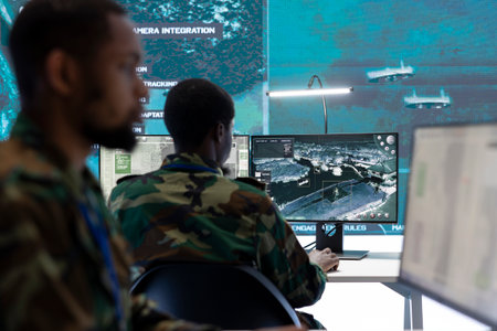 Soldiers in a state of the art military control room collaborate on data analysis, intelligence gathering, and mission planning. Their efforts ensure the effectiveness and security of military operations.の写真素材