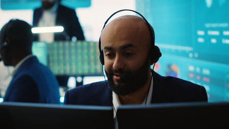 Management associate sharing insight on annual statistics during a call with the advisory board, providing initiatives to enhance operational performance metrics. Big data screen. Camera A.の写真素材