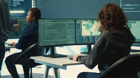 Group of hackers using tools to secure a network, focusing on cyber defense and data protection...