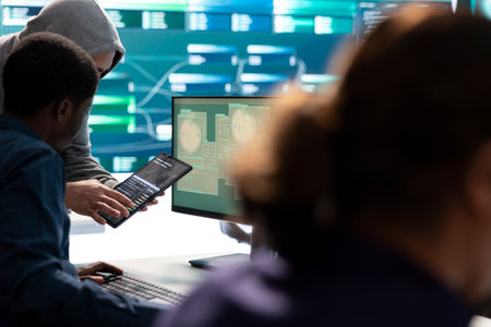 Governmental hacker expert working on securing digital information, analyzes intelligence on big screen. Specialist works to prevent cyber threats with advanced technology, cyberterrorism.の写真素材