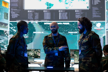 Diverse team of troopers discussing new mission attack plan in control room, operating on a hologram projection to review operation details. Soldiers using 3d holography for briefing.の写真素材