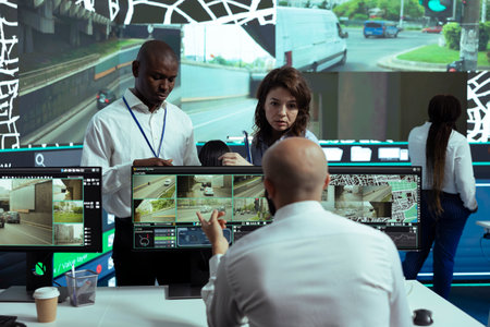 Diverse team leaders instructing middle eastern employee about order tracking with gps coordinates...