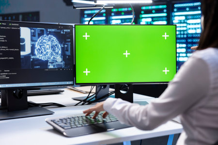 Programmer doing checkup on green screen computer in server room used for artificial intelligence...