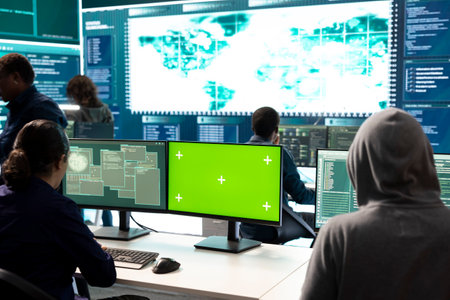 Team of experts look at green screen in high tech agency office, working together on database systems. Experts conducting analysis.の写真素材