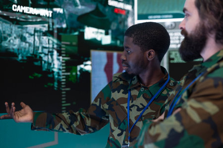 Diverse special operation engineers examine real time information on a big screen, collecting intelligence to aid troopers during military operations. IT professionals work on reconnaissance.の写真素材
