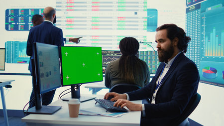 General director reads insight about a new expansion strategy on pc, mockup screen in enterprise office. Analyst presenting reports and infographics to analyze business activity status. Camera B.の写真素材