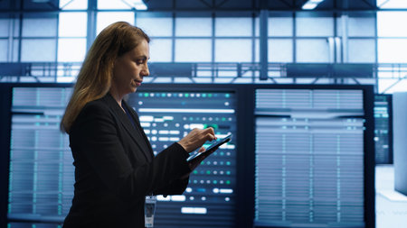 Technician doing checkup using tablet to prolong data center electronics life span and avoid...