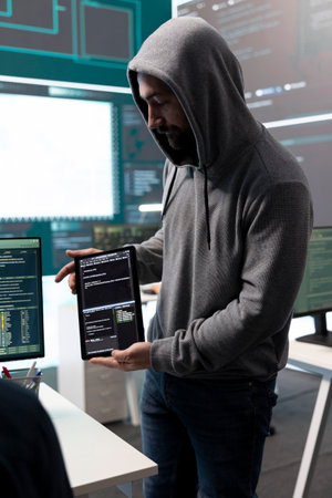 Cyber security experts team working on encryption and IT security in a governmental agency. Specialists working on cyber operations, network security and data protection for national safety.の写真素材