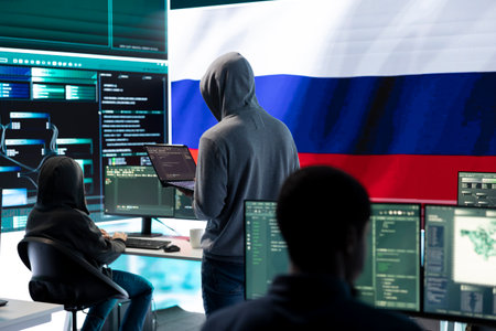 Russian cyber forces operative working with computer systems in a governmental hacking room. Inflicting cyberterrorism, fake news and dangerous brainwashing, digital mercenary activities.の写真素材