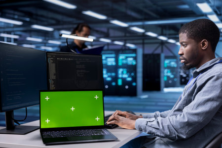 Engineer in data center running system diagnostic tests using isolated screen laptop. African...