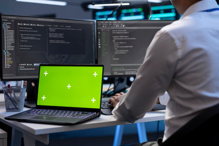 Engineer using green screen laptop to do maintenance on high bandwidth, dedicated game servers used...