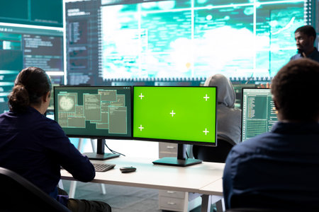 Group of professional individuals use mockup copy space screen in operations center, high tech...