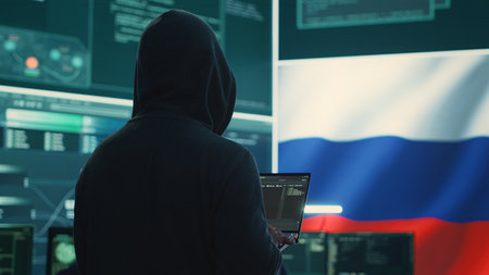 Person in a cyber security room hacking systems, spreading misinformation and fake news. Hackers group on hybrid war tactics and international conflict. Camera A.の写真素材