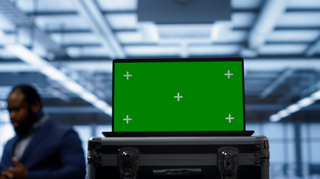 Green screen laptop used by engineers monitoring server room, doing checkup. Focus on chroma key notebook used by IT support employee working in data center facility, camera A close upの写真素材