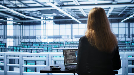Person in data center works with artificial intelligence technology simulating human brain. Woman...