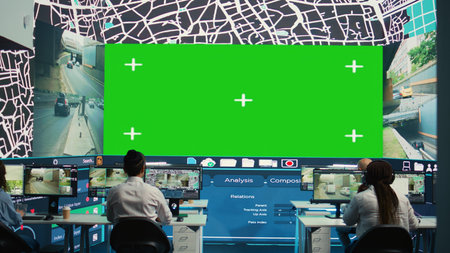 Diverse employees look at mockup screen in monitoring room, following delivery trucks routes around...
