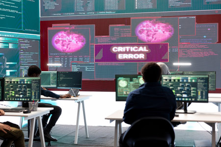 IT specialists receiving error messages on a big screen after trying to access a government system,...