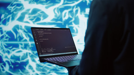 Technician uses laptop and AI neural networks modeled after human brain to solve complex problems....