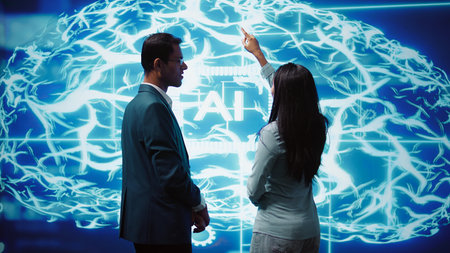 Teamworking colleagues implementing artificial intelligence parallel processing, breaking up complex...