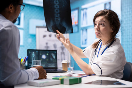 Physician presenting x ray imaging for the right diagnostic during check up, explaining the lab test results and treatment at medical consultation. Medic showing examination results in cabinet.の写真素材