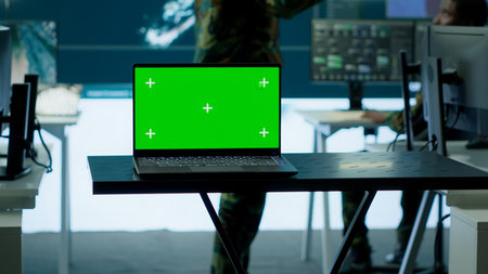 Cybersecurity team operates in an advanced military command center, surveillance systems and data protection. Army personnel work on national security operations using high tech gear. Camera B.の写真素材